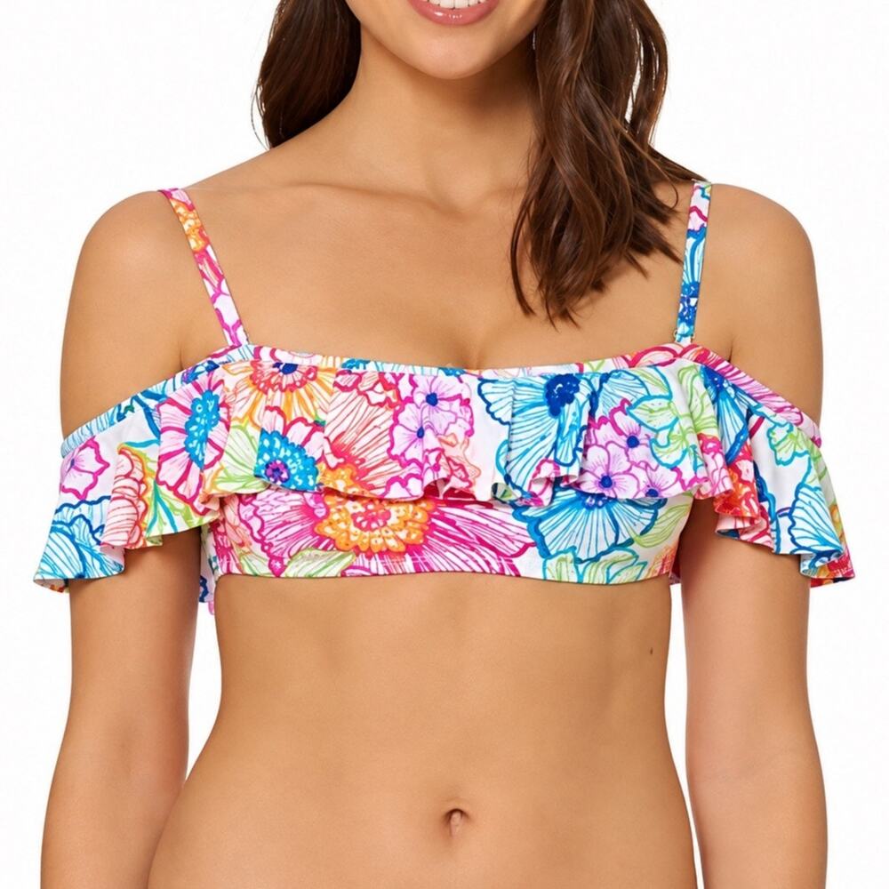 Bleu Rod Beattie Bikini Top SZ 4 NWT Off The Shoulder Flounce Floral Ruffle Swim